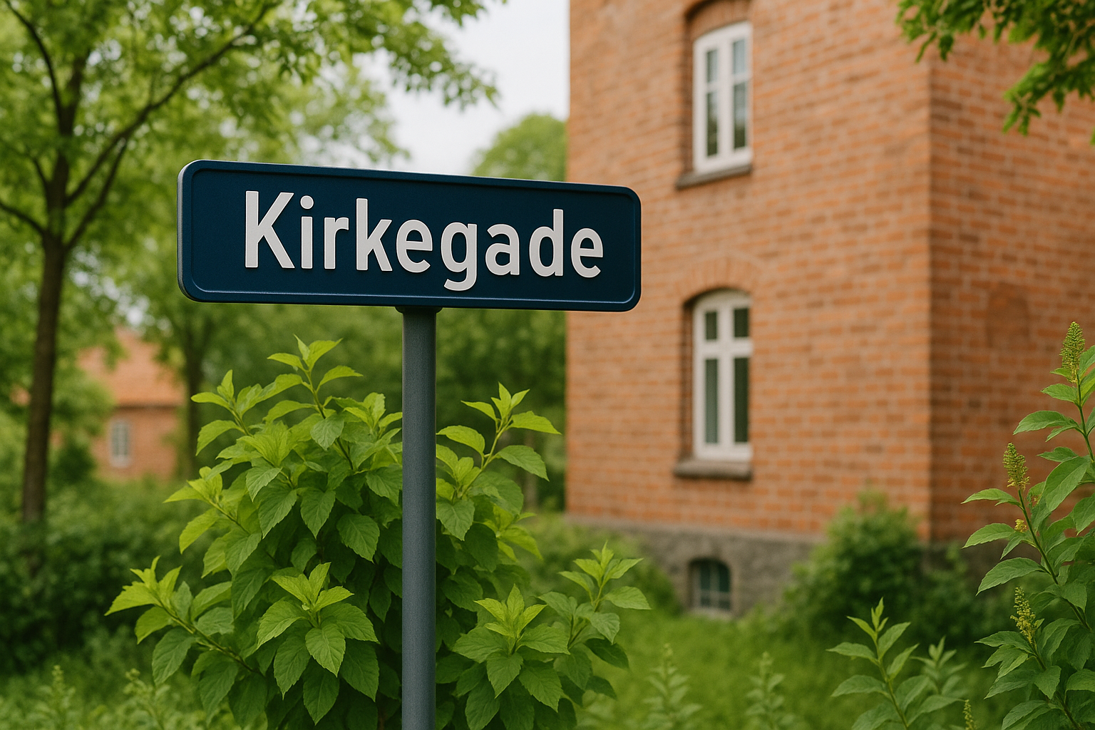 Et klassisk dansk vejskilt omgivet af grøn beplantning og en ældre murstensbygning i baggrunden.
