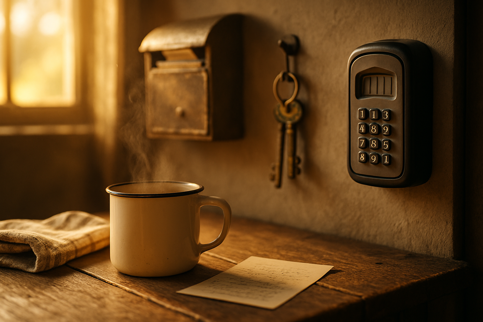 Forgrund: dampende hvid emaljekop kaffe på træbord, ternet dug og note; midt: nøglebundt og rustik postkasse; baggrund: nøgleboks med kodepanel.