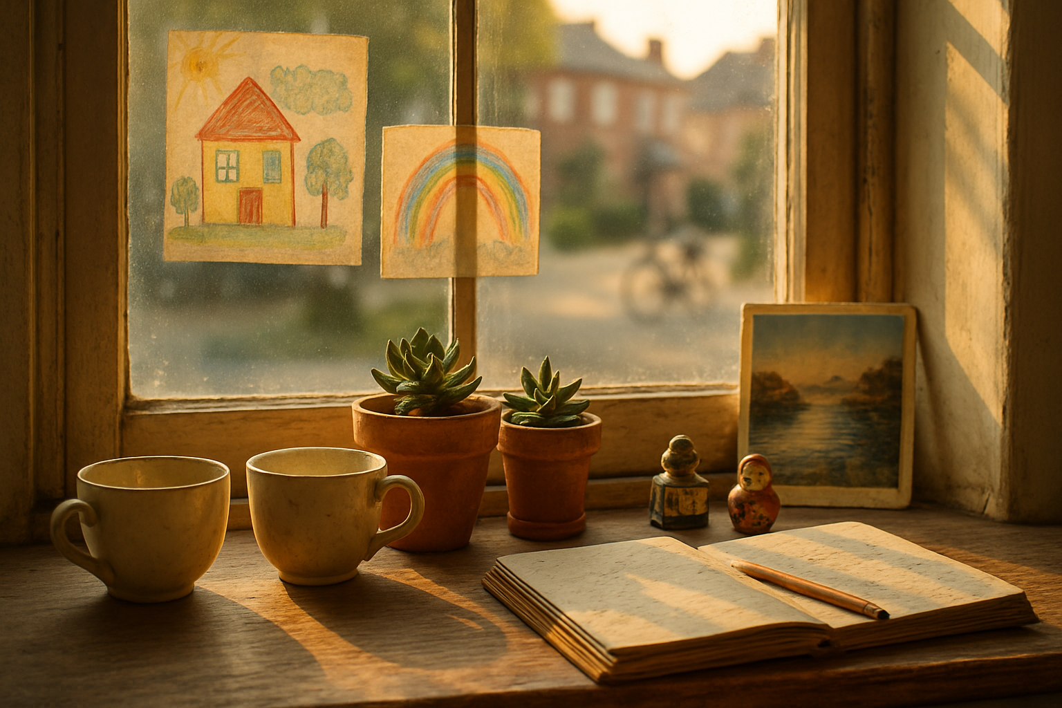Fotorealistisk nærbillede af vindueskarm med porcelænskopper, tegninger, postkort, sukkulenter og notesbog i varmt lys.