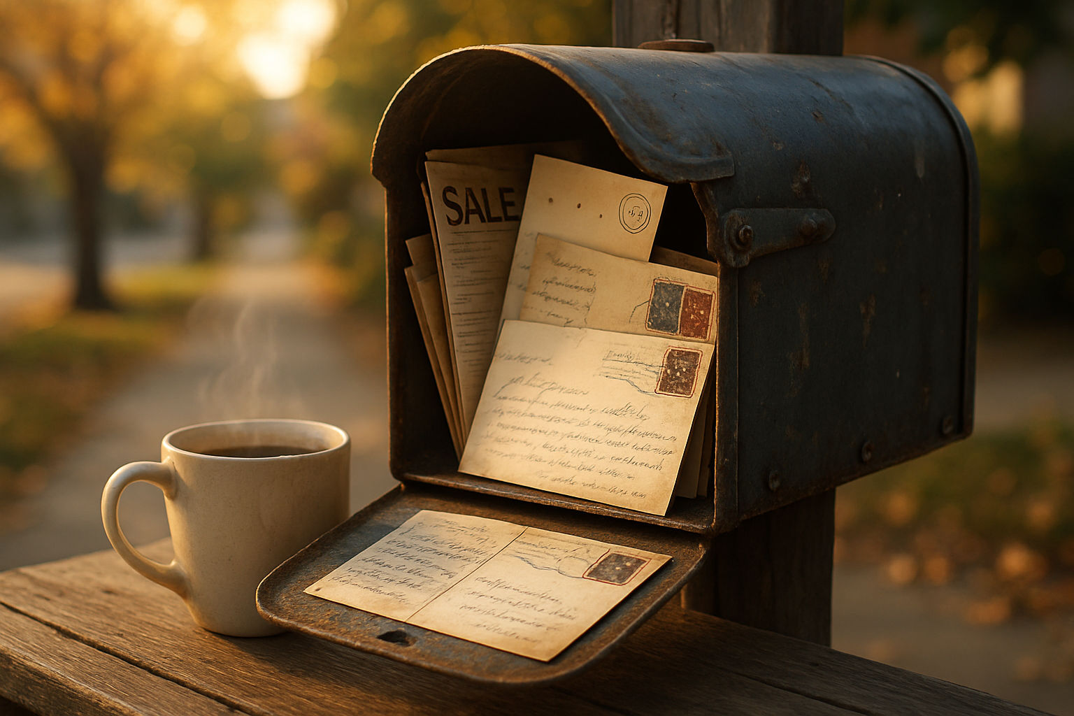 Billedet viser en åben, let slidt postkasse på træpost med breve, sedler og et dampende kaffekrus i morgensol.