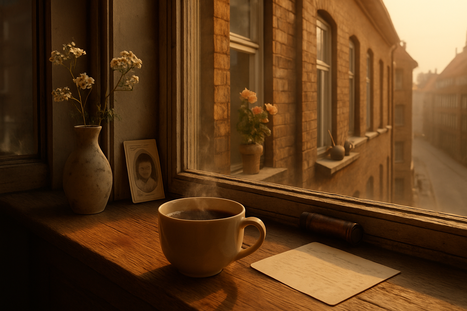 Fotorealistisk nærbillede af kaffe på trævindueskarm med vaser, postkort, babyfoto og garn, mod dansk kvarter i gyldent morgengry.