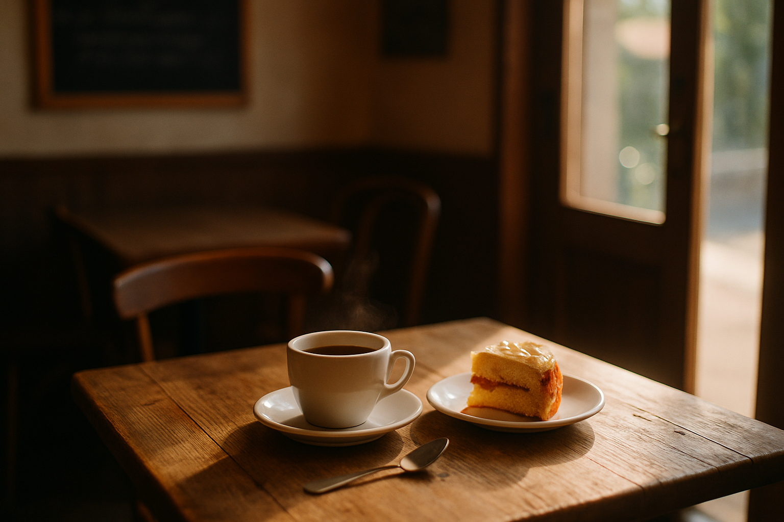 Fotorealistisk cafécover med dampende kaffe, signaturkage, gæstekort og tavle i blødt morgenlys og bokeh, slidt træbord ved halvt åbent dørtrin.