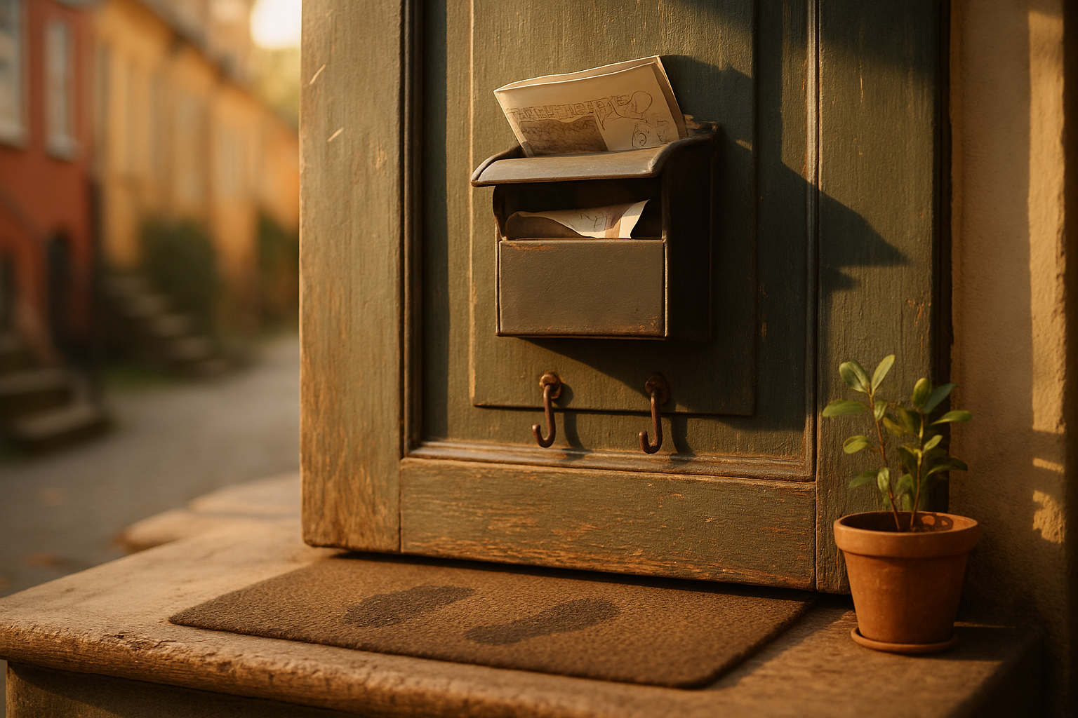 Fotorealistisk close-up af ældre dansk dørtrin i morgensol med patina og slidt træ, åben postkasse og fodspor på måtten.