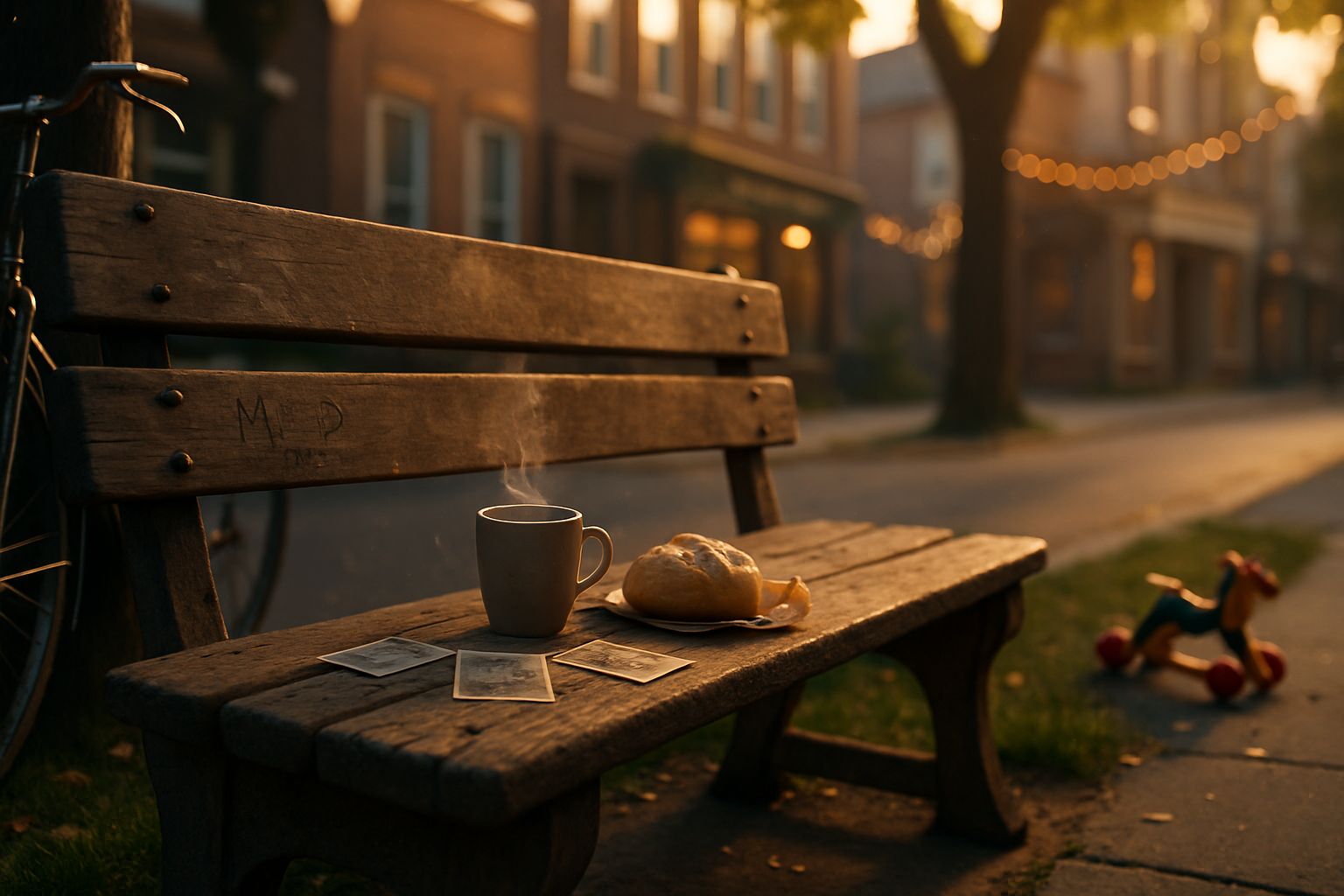 Billede af støvet træbænk ved gadehjørne i hyggeligt kvarter ved gyldent lys; kop, rundstykke, postkort og foto på bænken.